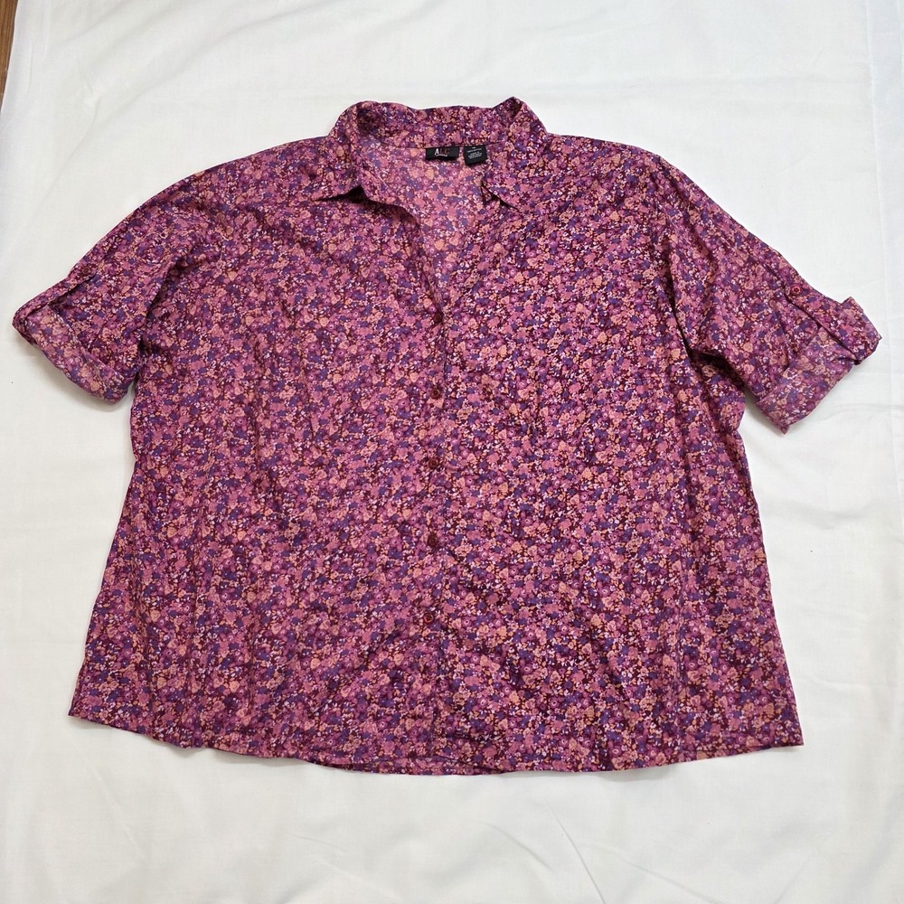ALC Plus Size Shirt Womens 1X‎ Purple Pink Ditzy Floral Button Up 3/4 Sleeve Top